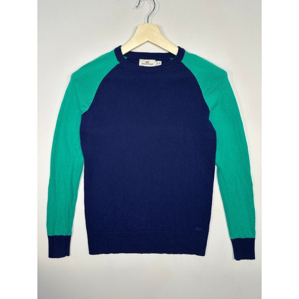 Vineyard Vines Cashmere Blend Taglan Sleeve Navy and Green Crewneck Sweater